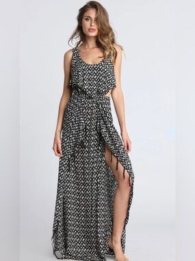 Surf Gypsy Black & White Printed Maxi Dress with Side Slit (L)